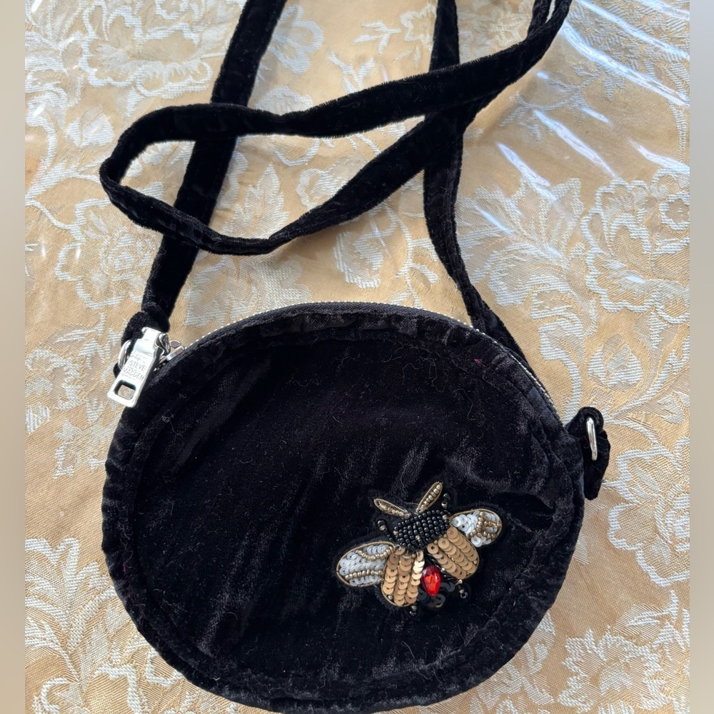 Steve Madden Black Velvet Lotus Mini Top Zip Canteen Crossbody